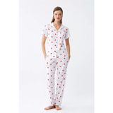 Beruflic Kadın Beyaz Kırmızı Kalpli Önden Düğmeli Pijama Takımı