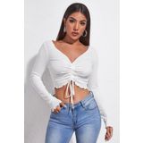 Beruflic Kadın Beyaz Uzun Kollu Büzdürme Bağcık Detaylı Crop Top Bluz