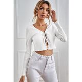Beruflic Kadın Beyaz Uzun Kollu Önden Bağlama Detaylı Crop Top Bluz