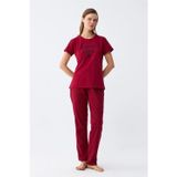 Beruflic Kadın Bordo Kalp Desenli Kısa Kollu Penye Pijama Takımı