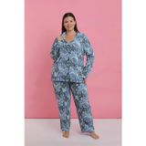 Beruflic Kadın Büyük Beden Mavi Tropikal Desenli Düğmeli Pijama Takımı