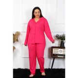 Beruflic Kadın Büyük Beden Pamuklu Cepli Düğmeli Fuşya Pijama Takım