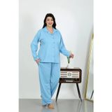 Beruflic Kadın Büyük Beden Pamuklu Cepli Düğmeli Mavi Pijama Takım