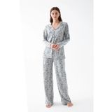 Beruflic Kadın Gri Desenli Düğmeli Pamuklu Pijama Takımı