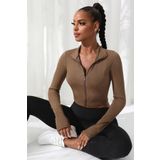 Beruflic Kadın Kahverengi Uzun Kol Fermuarlı Parmak Geçme Detaylı Dik Yaka Crop Top Bluz