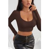 Beruflic Kadın Kahverengi Uzun Kol Kare Yaka Crop Top Bluz