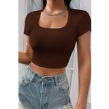 Beruflic Kadın Kahverengi Yarım Kol Düz Yaka Crop Top Bluz