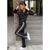 Beruflic Kadın Kapüşonlu Leopar Detay Sweat ve Yüksek Bel Yanları Leopar Şeritli Bol Paça Pantolon Iki - Siyah - 5XL