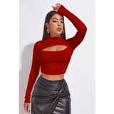 Beruflic Kadın Kırmızı Göğüs Dekolteli Uzun Kollu Cut Out Crop Top Bluz