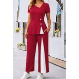 Beruflic Kadın Kısa Kollu Asimetrik V Yakalı Yandan Düğmeli Janjankrep Bluz ve Pantolon Ikili Takım - Kırmızı - L - XL