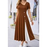 Beruflic Kadın Kısa Kollu Asimetrik Yakalı Düğme Detaylı Midi Viskon Elbise - S - M - Kahve