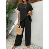 Beruflic Kadın Kısa Kollu Bisiklet Yaka Asimetrik Kesim Detaylı Bürümcük Bluz ve Pantolon Ikili Takım - Siyah - 2XL - 3XL