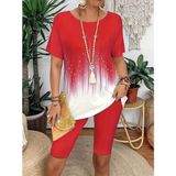 Beruflic Kadın Kısa Kollu Bisiklet Yaka Desenli Dalgıç Bluz ve Tayt Ikili Takım - Kırmızı - 2XL - 3XL