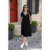 Beruflic Kadın Kısa Kollu V Yaka Kol ve Yaka Ribana Detay Midi Boy Viskon Elbise - 2XL - 3XL - Siyah