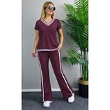 Beruflic Kadın Kısa Kollu V Yakalı Viskon Iki Iplik Bluz ve Pantolon Ikili Takım - Bordo - L - XL