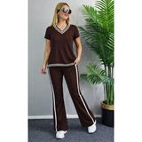 Beruflic Kadın Kısa Kollu V Yakalı Viskon Iki Iplik Bluz ve Pantolon Ikili Takım - Kahve - 2XL - 3XL