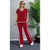 Beruflic Kadın Kısa Kollu V Yakalı Viskon Iki Iplik Bluz ve Pantolon Ikili Takım - Kırmızı - 2XL - 3XL