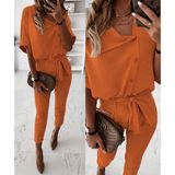 Beruflic Kadın Kısa Kollu Yakalı Önden Düğmeli Bürümcük Bluz ve Pantolon Ikili Takım - Turuncu - L - XL