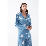 Beruflic Kadın Mavi Yıldız Desenli Düğmeli Pamuklu Pijama Takımı
