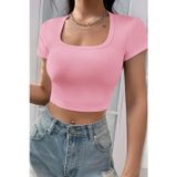 Beruflic Kadın Pembe Yarım Kol Düz Yaka Crop Top Bluz