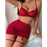 Beruflic Kadın Seksi Jartiyer Takım,bordo Etekli Fantazi Gecelik