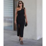 Beruflic Kadın Sıfır Kol Tek Omuz Damla Detay Janjan Krep Elbise - Siyah - L - XL