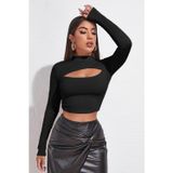 Beruflic Kadın Siyah Göğüs Dekolteli Uzun Kollu Cut Out Crop Top Bluz