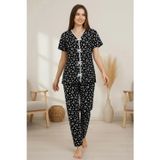 Beruflic Kadın Siyah Kalp Desenli Fiyonklu Kısa Kollu Uzun Pijama Takımı