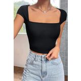 Beruflic Kadın Siyah Kare Yaka Yarım Kol Göğüs Dekolteli Crop Top Bluz