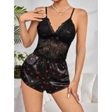 Beruflic Kadın Siyah Kırmızı Kalp Desenli Saten Şort Pijama Takımı 2232