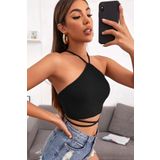 Beruflic Kadın Siyah Sırtı Açık Boyundan Çapraz Bağlamalı Crop Top Bluz