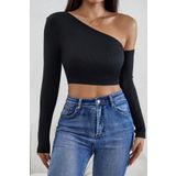 Beruflic Kadın Siyah Tek Omuz Detaylı Uzun Kol Crop Top Bluz