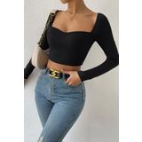 Beruflic Kadın Siyah Uzun Kol Göğüs Dekolteli Şık Crop Top Bluz