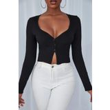 Beruflic Kadın Siyah Uzun Kollu Düğmeli Göğüs ve Göbek Dekolteli Crop Top Bluz