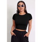 Beruflic Kadın Siyah Yuvarlak Yaka Yarım Kol Crop Top Bluz