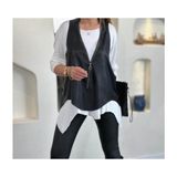Beruflic Kadın Uzun Kollu Asimetrik Kesim Viskon Bluz ve Çatlak Deri Görünümlü Yelek Ikili Takım - Beyaz - L - XL