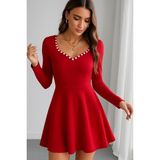 Beruflic Kadın Uzun Kollu Inci Yakalı Kısa Ithal Krep Elbise - 2XL - 3XL - Kırmızı