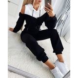 Beruflic Kadın Uzun Kollu Omuzlardan Açık Kapşonlu Bağcıklı Çift Renkli Viskon Iki Iplik Bluz ve Pant - Siyah - L - XL