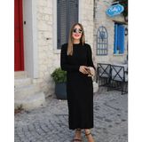 Beruflic Kadın Uzun Kollu Yarı Balıkçı Yaka Arkadan Pencere Detaylı Bağcıklı Midi Triko Elbise - Standart - Siyah