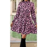 Beruflic Kadın Uzun Kollu Yarı Balıkçı Yaka Leopar Desenli Modal Mini Elbise - S - M