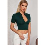 Beruflic Kadın Yeşil Yarım Fermuarlı ve Kısa Kollu Crop Top Bluz