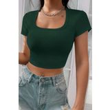 Beruflic Kadın Yeşil Yarım Kol Düz Yaka Crop Top Bluz