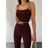Beruflic Kadın Zincir Askılı Krop Ithal Krep Bluz ve Pantolon Ikili Takım - Bordo - 2XL - 3XL