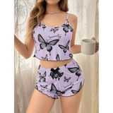 Beruflic Mor Renk Kelebek Desenli Şortlu Ev Giyim Takımı,kadın Yazlık Askılı Pijama, Rahat ve Şık Ev - - - S - M
