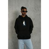 Beruflic Oversize Hoodie - Sırt Baskılı Survivor Penguin Temalı, Felsefi Yazılı Kapüşonlu Sweatshirt - Siyah - XS
