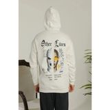 Beruflic Oversize Üç Iplik Şardonlu Kapüşonlu Sweatshirt – “other Lives” Ön ve Arka Baskılı, Kanguru Cepli, Ribanalı Rahat Kışlık Model - Beyaz - XL