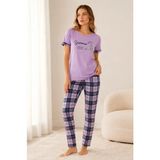 Beruflic Pamuklu Penye Summer Baskılı Kısa Kollu Pijama Takımı Bisiklet Yaka Ekose Desenli - Lila
