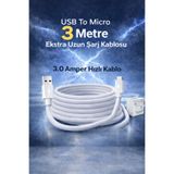 Beruflic Sam Sung İnfinix Lg 3 Metre Micro Mikro USB Uzun Boy Hızlı Şarj Kablosu