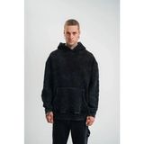 Beruflic Unisex Uzun Kol Kapşonlu Yıkamalı Nakışlı Sweatshirt - Siyah