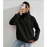 Beruflic Unisex Uzun Kol Yarım Farmuarlı Yakalı Basic Sweatshirt - Siyah - XL